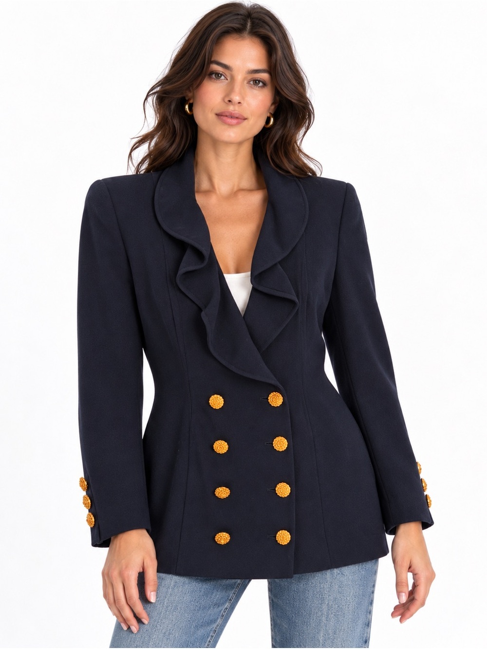 Valentino Boutique Vintage 1993 Navy Ruffle Blazer Gold Rose Buttons